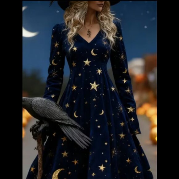 Plus Size, Women's Elegant Celestial Night Sky Dress with Star & Moon Print - V- - Picture 2 of 3